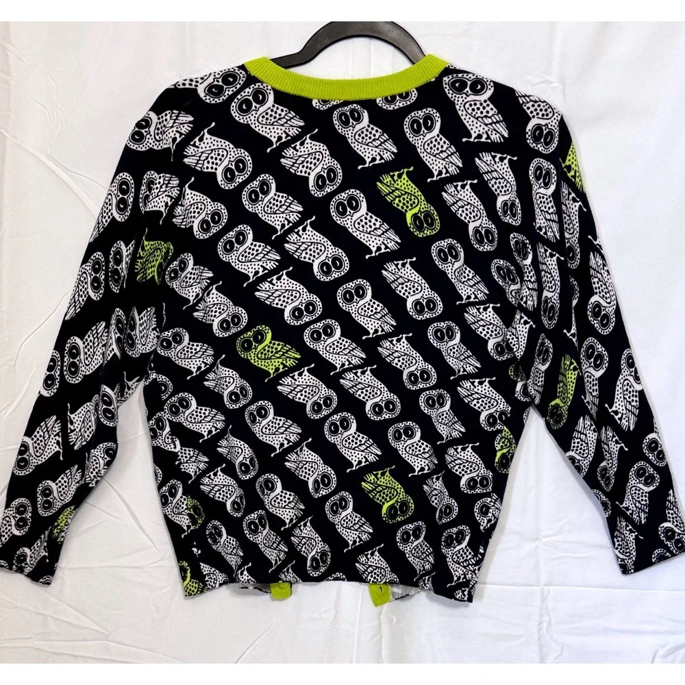 Crown Ivy Owl Print Cardigan Sweater Lime Green and Navy blue Trim Size‎ L